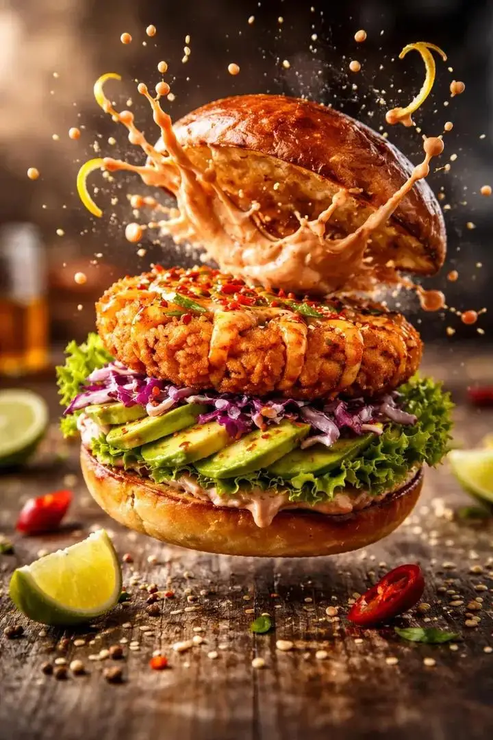 پیش‌نمایش Cinematic Mid-Air Shrimp Burger Photo Prompt