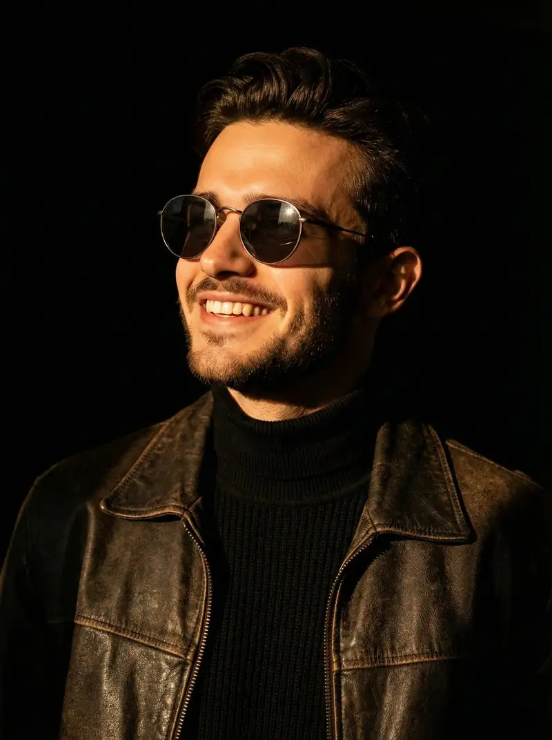 Preview of Portrait photo prompt for a man with dramatic side-lighting and specific clothing details