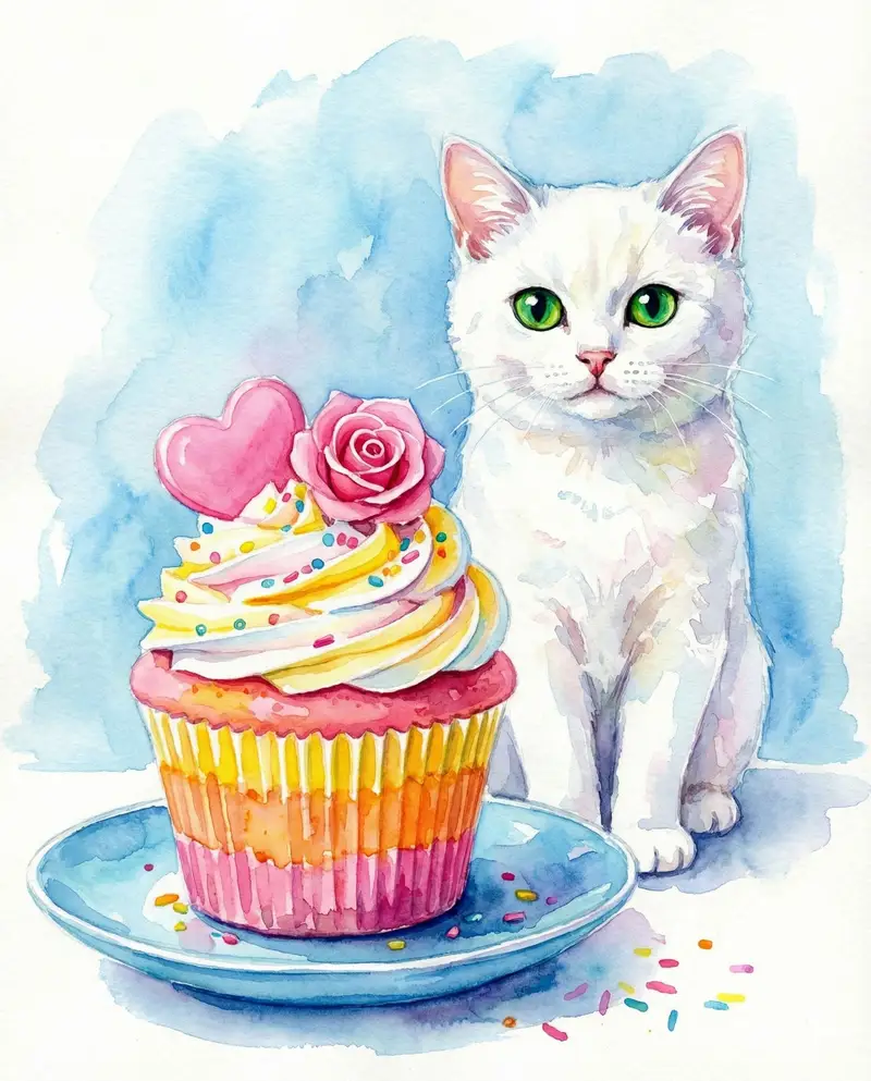 پیش‌نمایش Watercolor Cat and Valentine's Cupcake