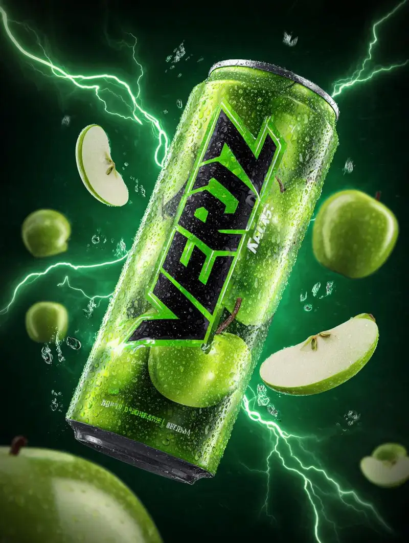 Preview of Energy Drink Can with Green Apple Splash and Neon Lightning