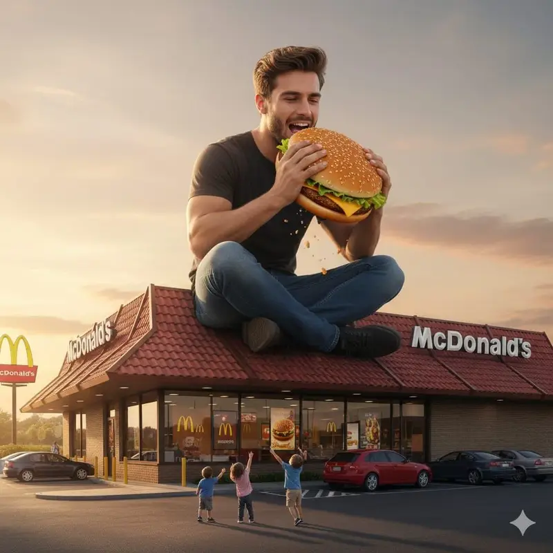 پیش‌نمایش Surreal advertising scene of a giant man eating a cheeseburger