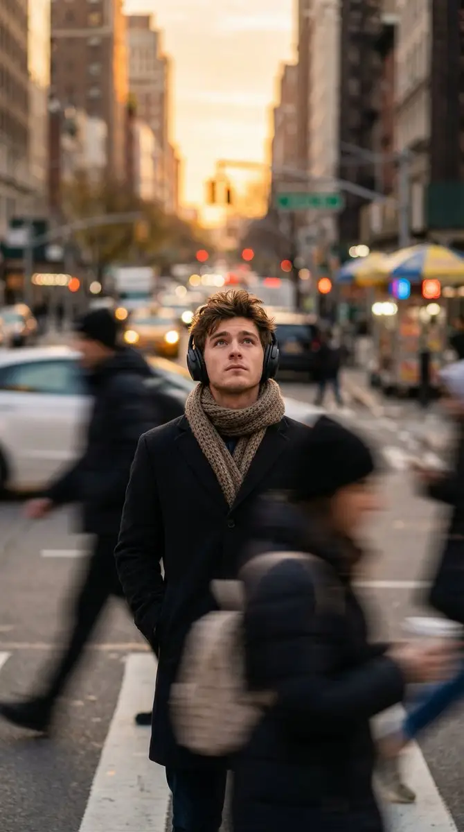 Preview of Introspective Man in Motion-Blurred City Crowd