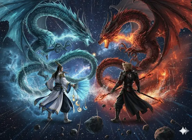 Preview of Image generation prompt for Nano Banana Pro: Zhuge Liang vs. Sima Yi in a Final Fantasy X style cosmic battle