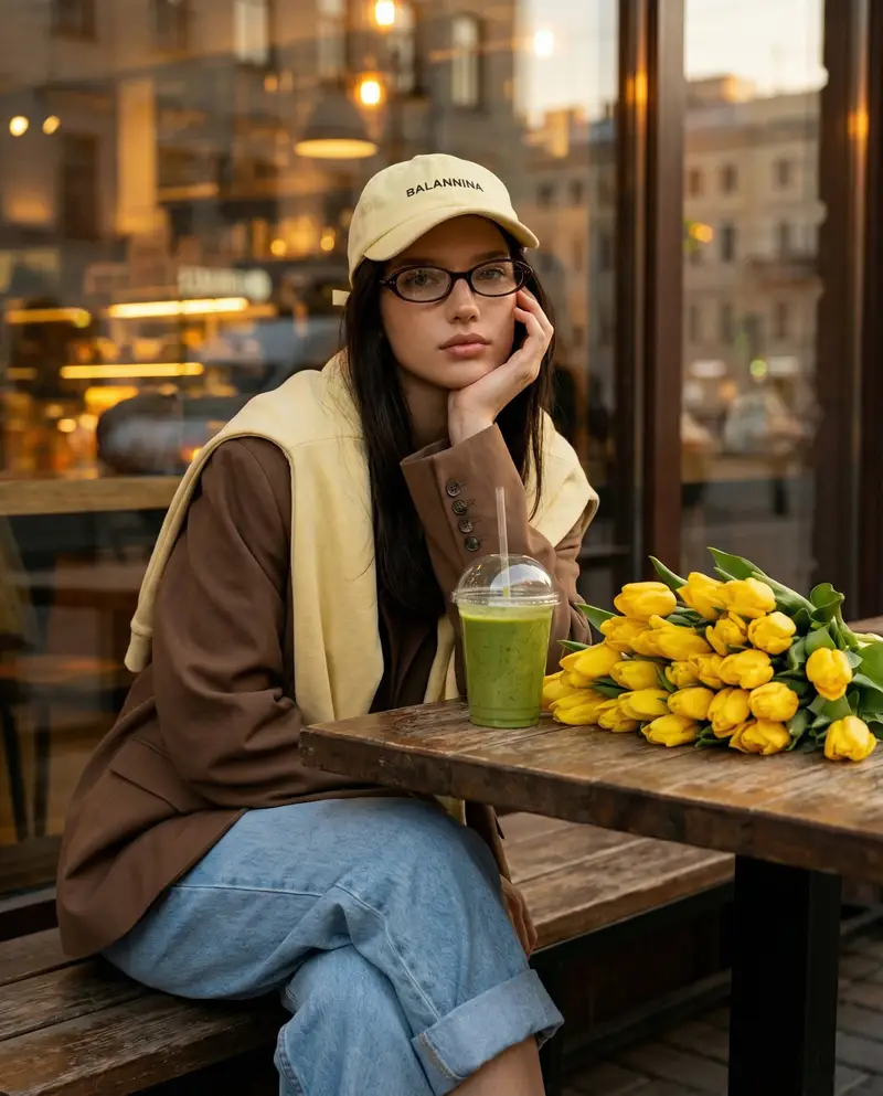 Preview of Stylish Street Cafe Portrait with Layered Outfit