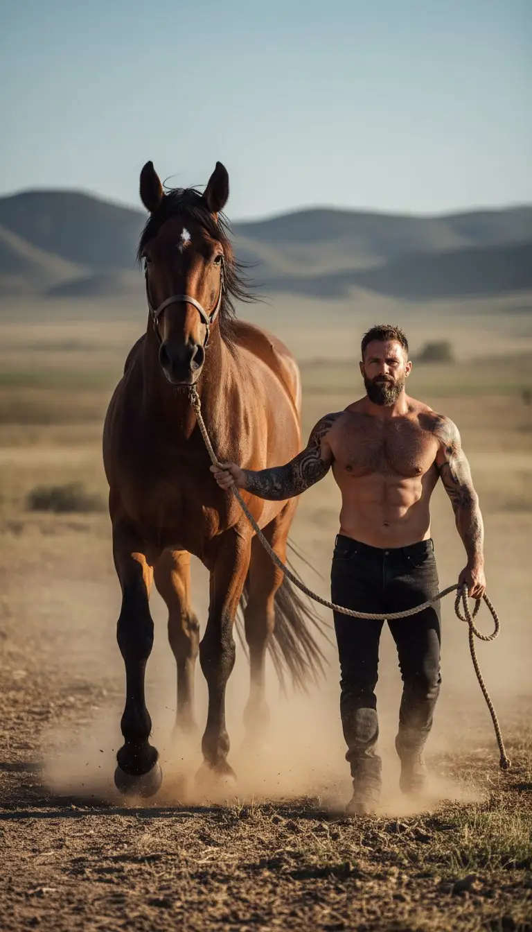 Preview of Hyper-realistic cinematic photograph of man and powerful horse
