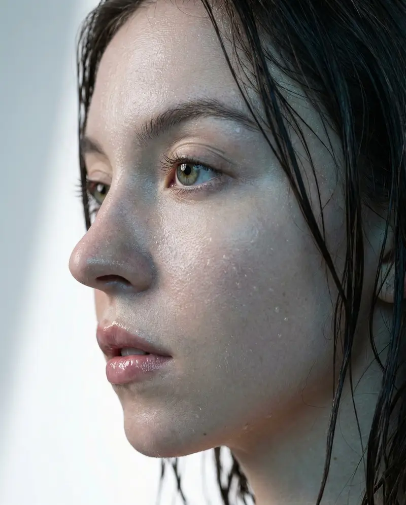 Preview of Hyper-Realistic Macro Portrait of Sydney Sweeney (Wet Look)