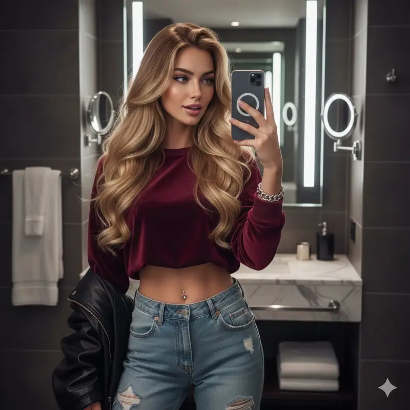 Preview of Hyper-detailed mirror selfie of a young woman in luxury bathroom