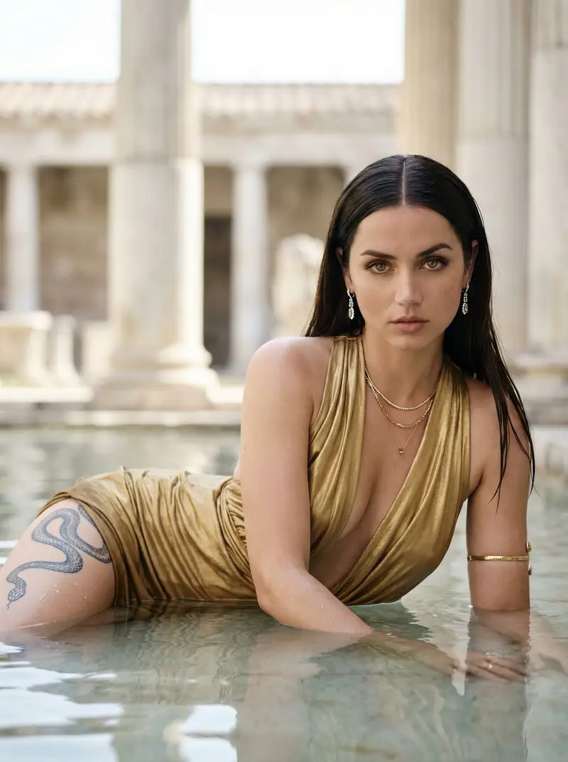 Preview of Hyper-Realistic Fashion Editorial in Roman Baths Prompt