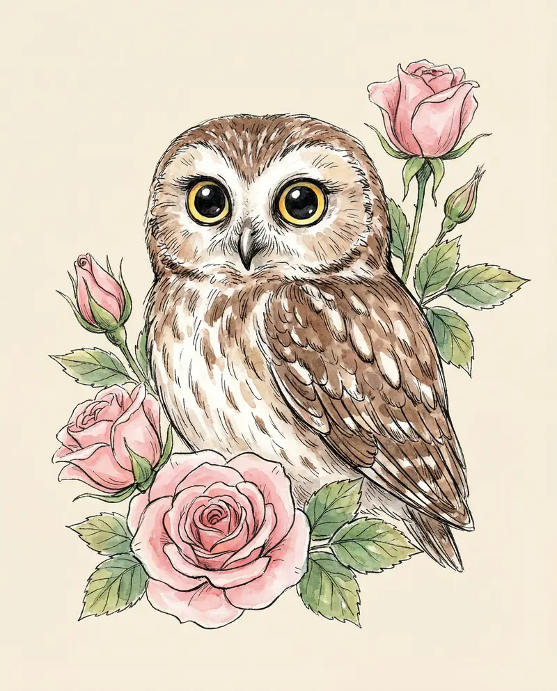 Preview of Watercolor Illustration of a Cute Owl with Pink Roses