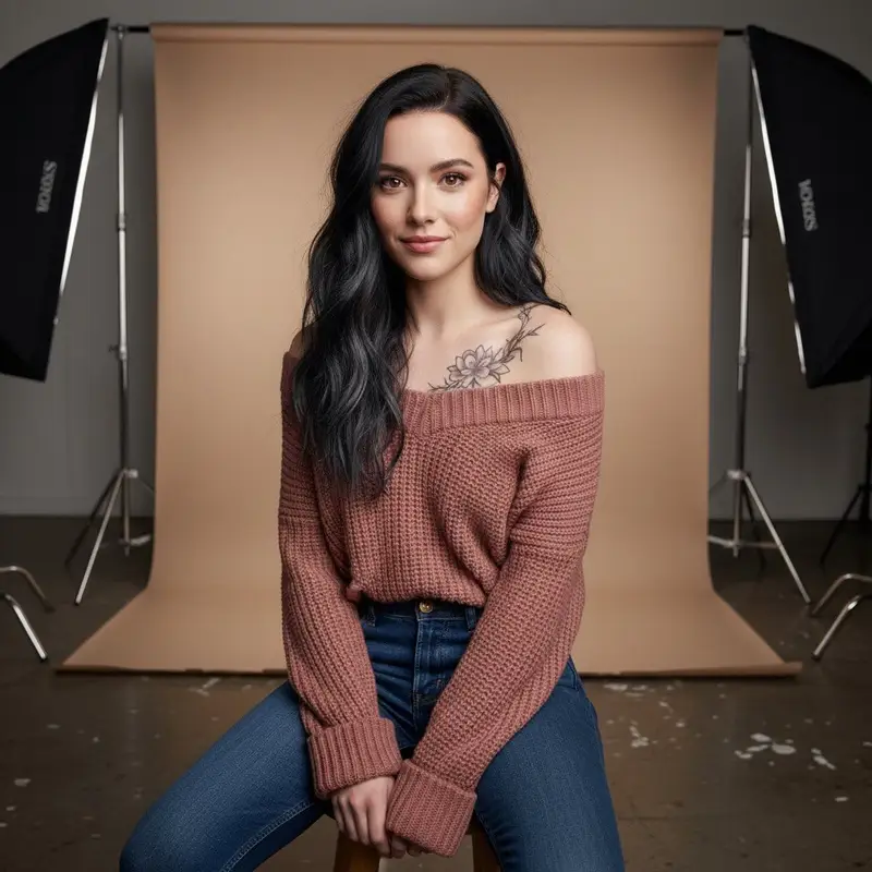 Preview of Studio Portrait with Tattoo and Chunky Knit Sweater Prompt