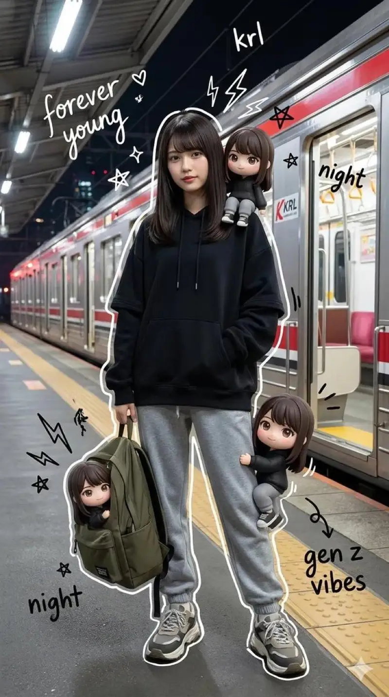 پیش‌نمایش Mixed-Media Portrait of Gen Z Teenager with Chibi Clones