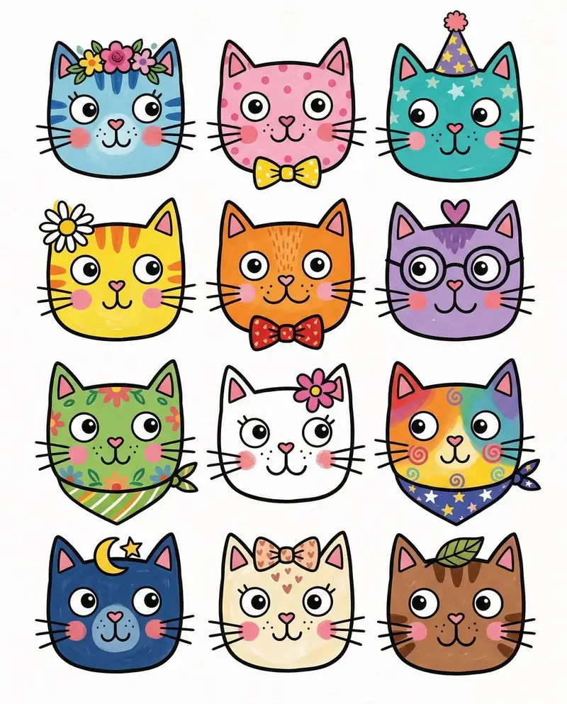 Preview of Stylized Grid of Whimsical Cat Faces
