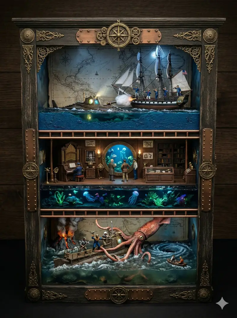 پیش‌نمایش Ornate Box Diorama Prompt for Twenty Thousand Leagues Under the Sea