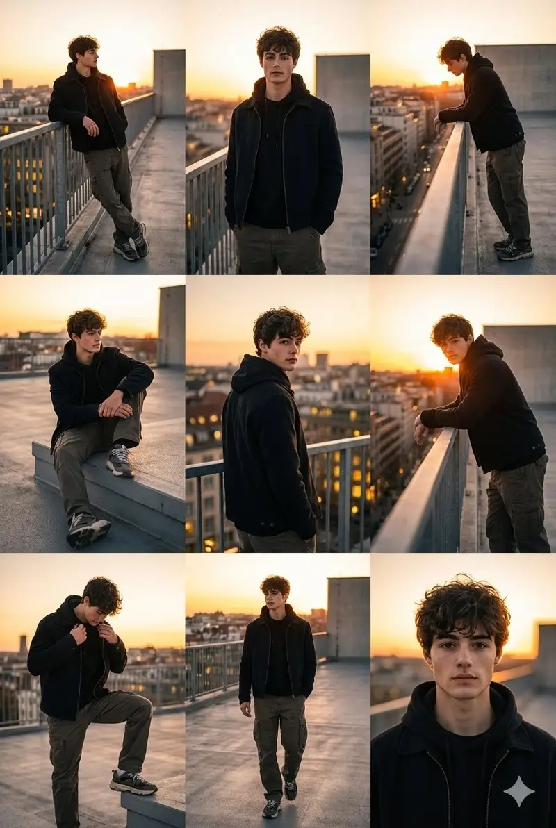 پیش‌نمایش 3x3 Cinematic Fashion Collage on a Rooftop at Sunset