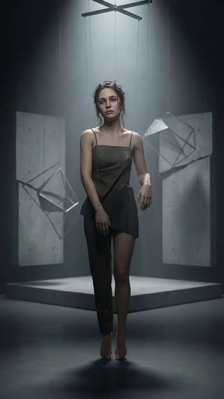 پیش‌نمایش Hyper-Realistic Marionette in Post-Modern Gallery
