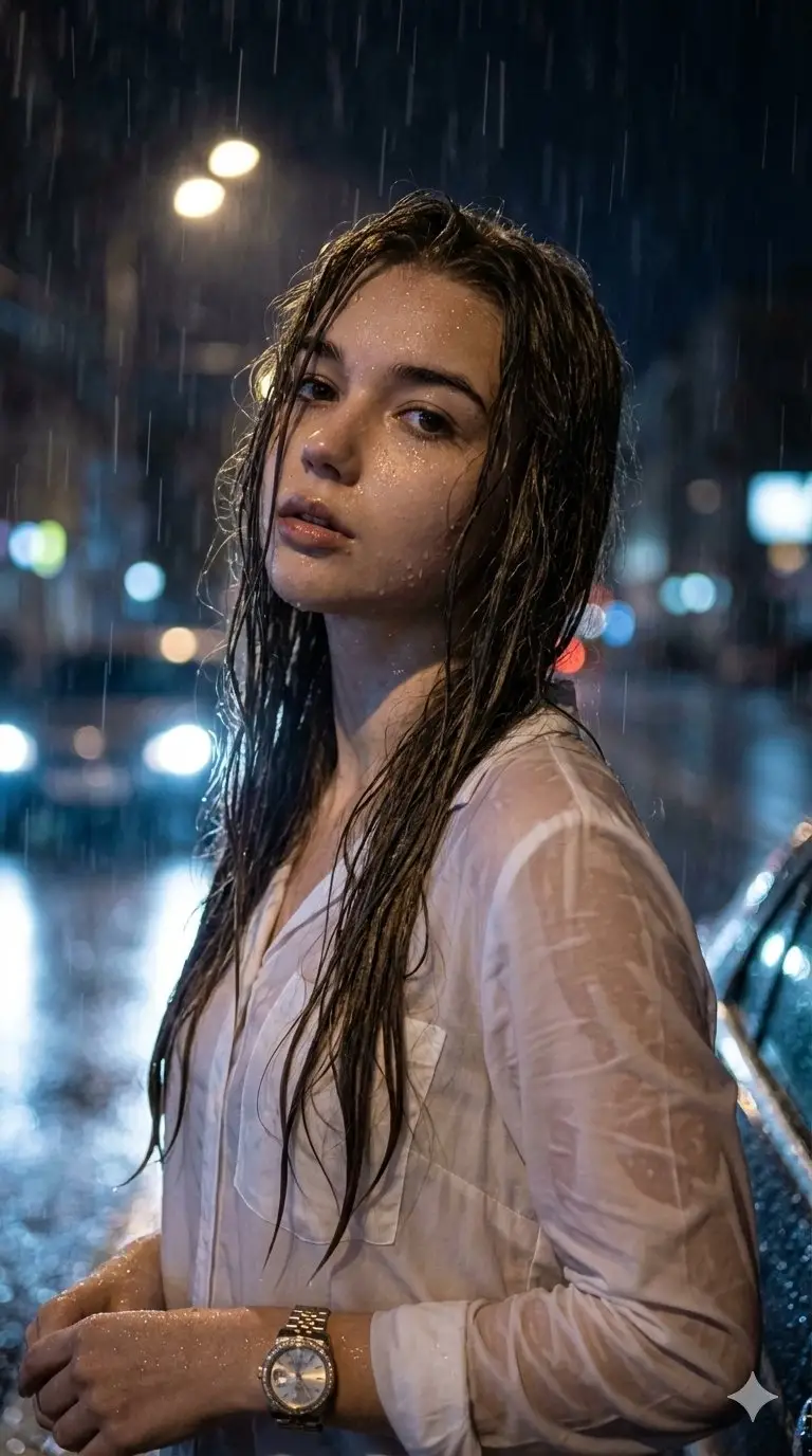 Preview of Hyper-Realistic Cinematic Night Portrait in Rain