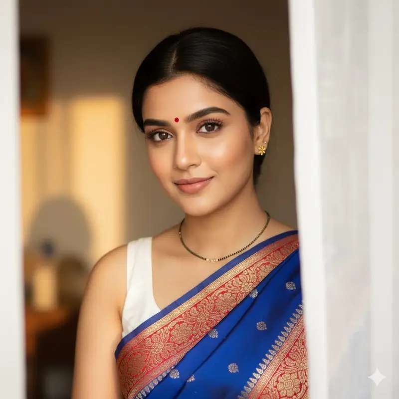 Preview of South Asian Woman Portrait with Saree and Sheer Curtains