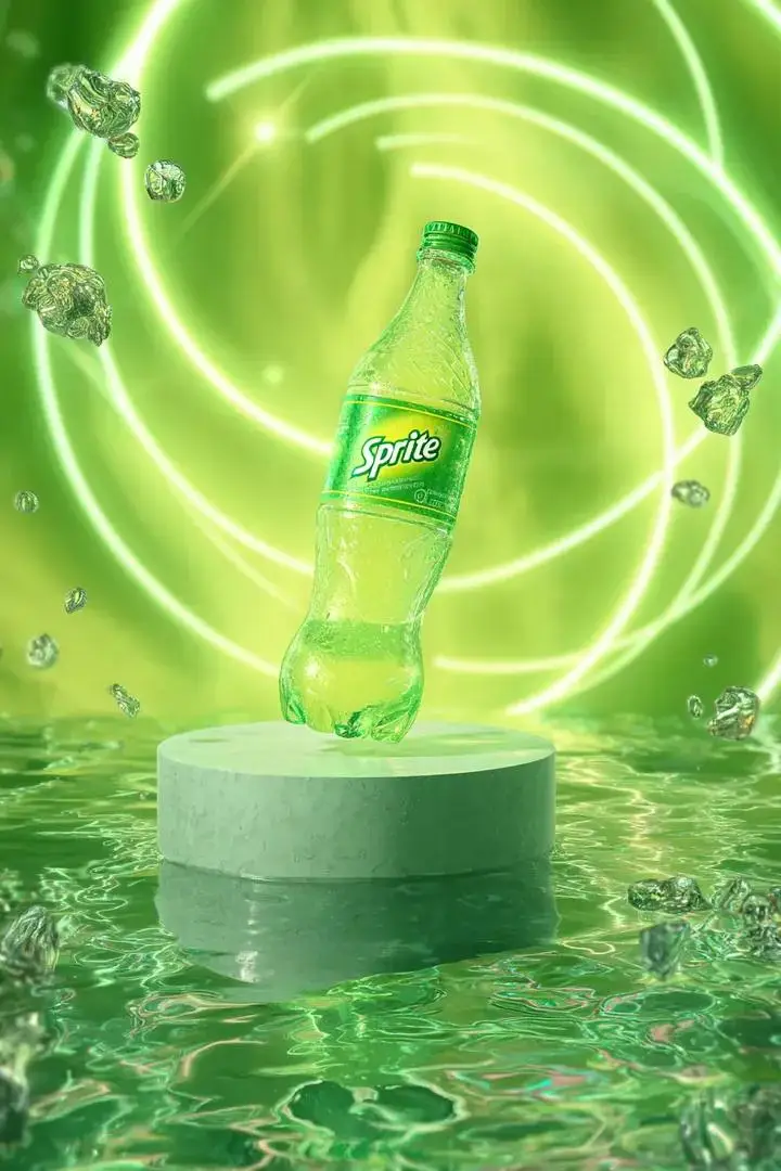 Preview of Neon Sprite Bottle Floating in Cosmic Petals