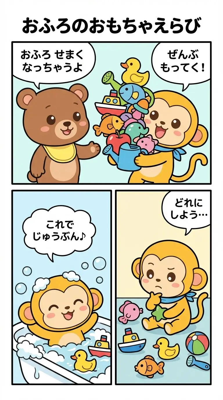 Preview of Four-Panel Manga Prompt: Choosing Bath Toys