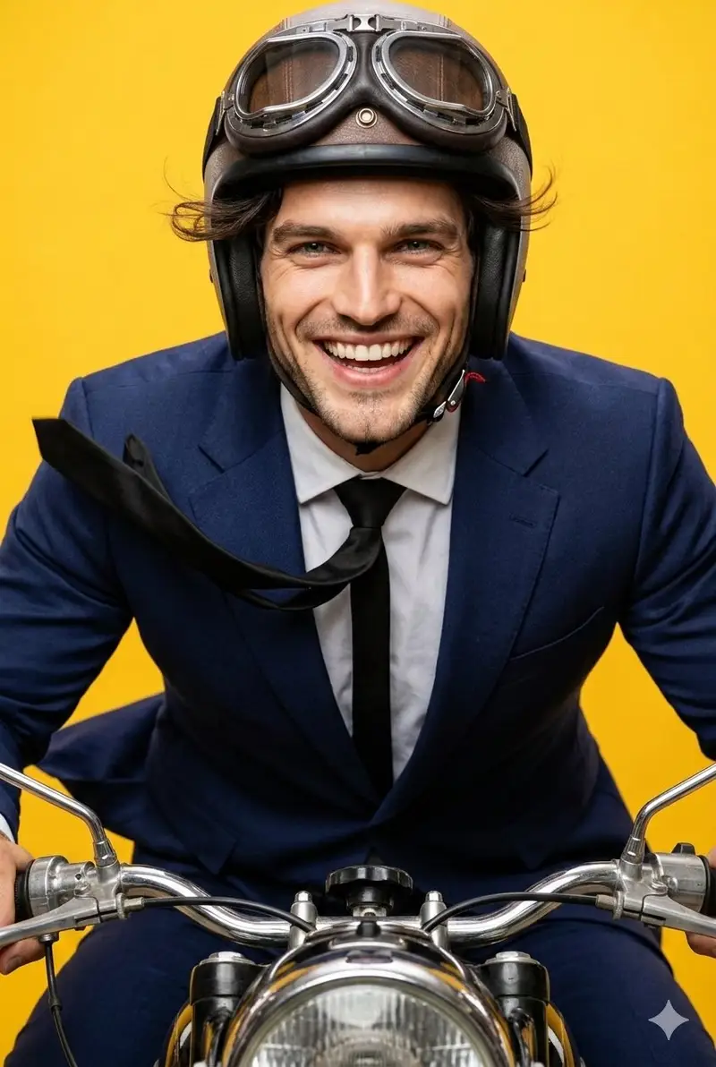 پیش‌نمایش Dynamic Motorcycle Rider Portrait on Yellow Background