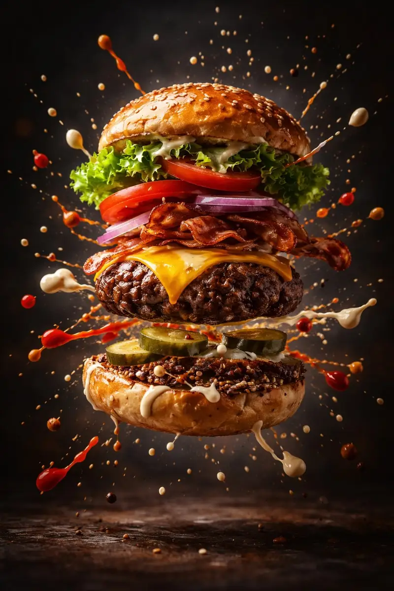 پیش‌نمایش Cinematic Gourmet Burger Explosion Prompt (Code Style)