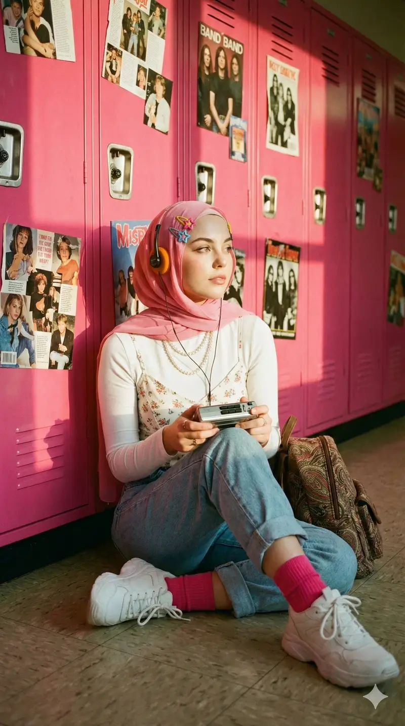 پیش‌نمایش Cinematic Y2K Portrait of a Hijab Woman with a Cassette Player