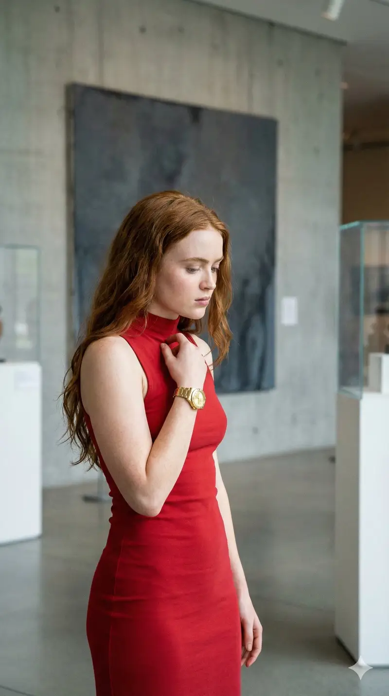 پیش‌نمایش 4K Candid Portrait of Sadie Sink in Red Dress Prompt
