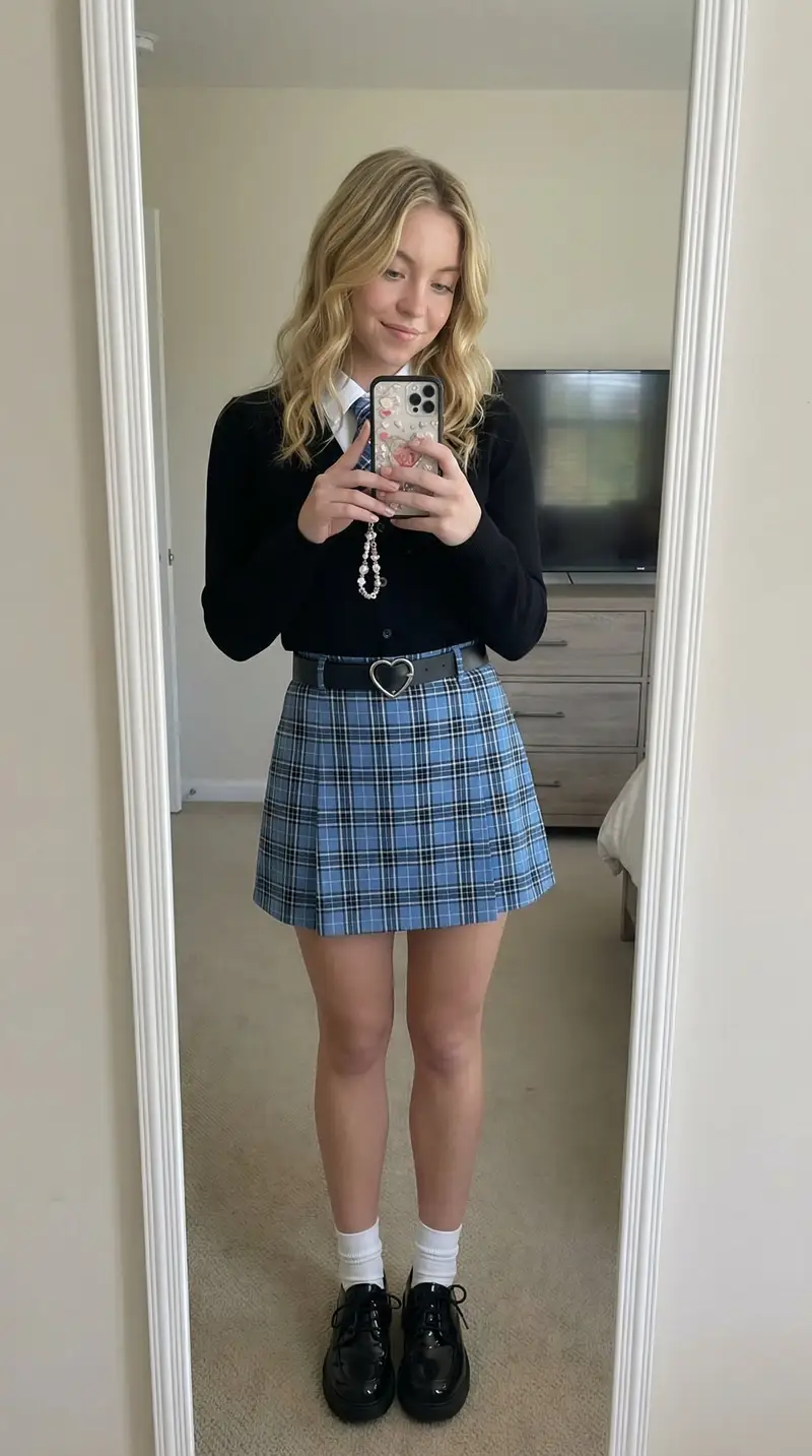 Preview of Mirror Selfie with Strict Identity Lock in Preppy School Outfit
