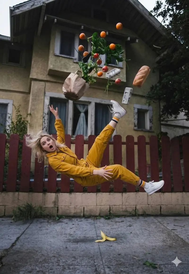 Preview of Cinematic Surreal Moment: Woman Falling with Exploding Grocery Bag