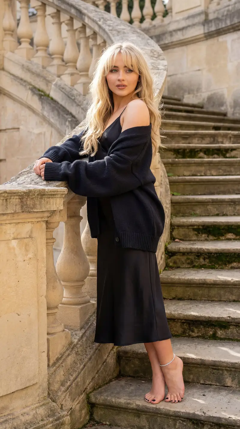 پیش‌نمایش Sabrina Carpenter Neoclassical Stone Staircase Portrait