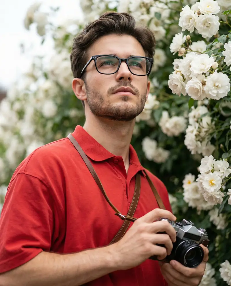 Preview of Ultra-Realistic Portrait with Vintage Camera and Flowers