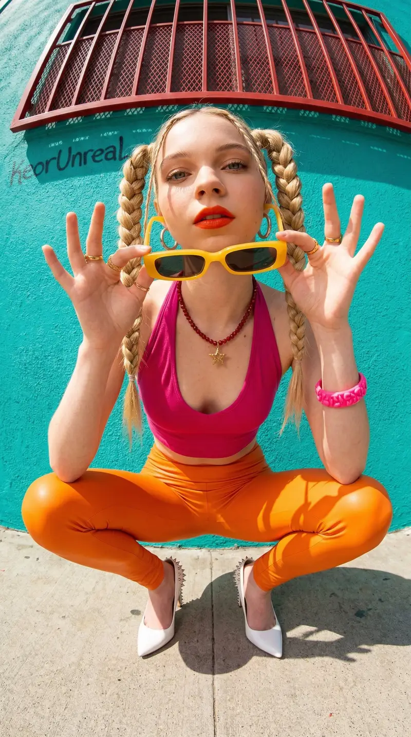 Preview of Photorealistic streetwear portrait of Emma Myers with fisheye distortion