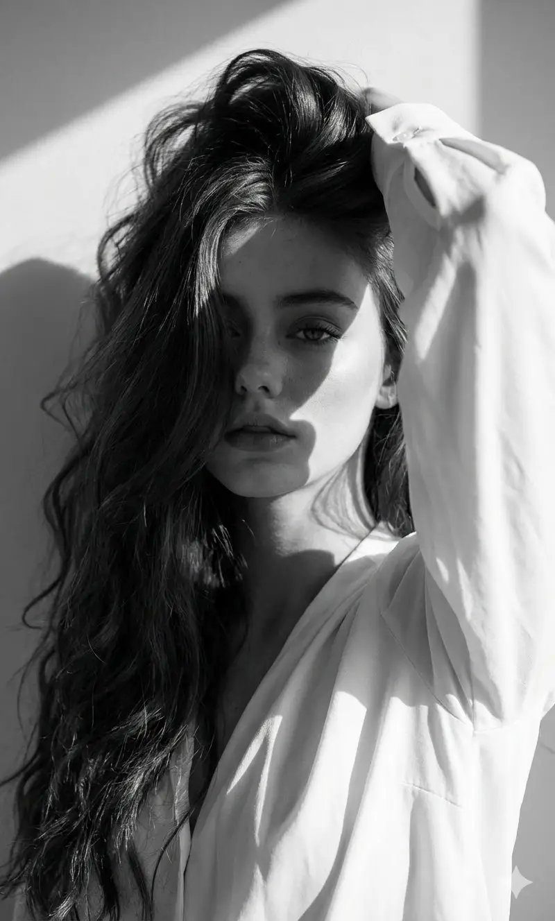 Preview of High-Fashion Black and White Editorial Portrait Prompt (Facial Lock)