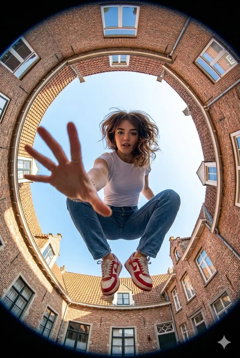 Preview of Ultra-wide fisheye shot of a woman crouching mid-air