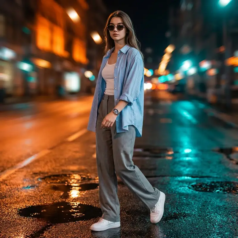 Preview of Cinematic Urban Night Portrait with Neon Reflections on Watch