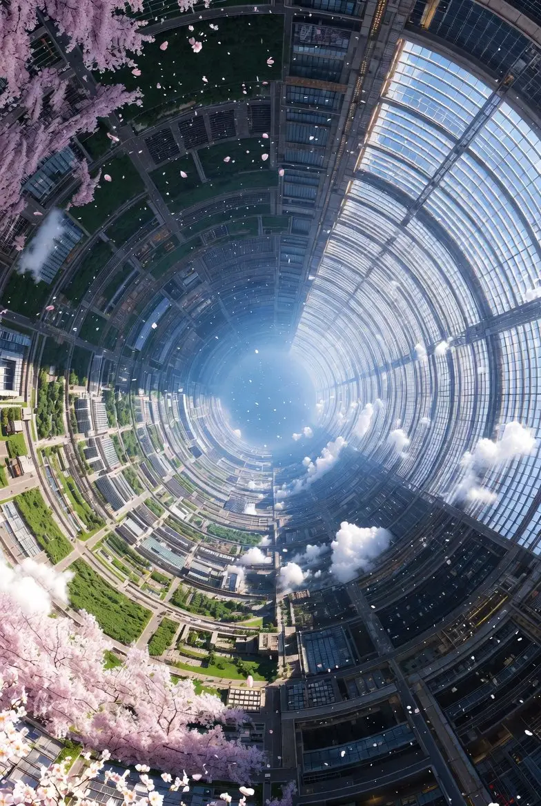 Preview of Cherry Blossom Space Colony Illustration Prompt