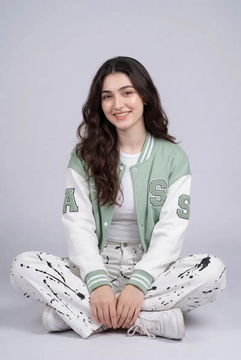 Preview of Fashion Studio Portrait in Pastel Green Varsity Jacket