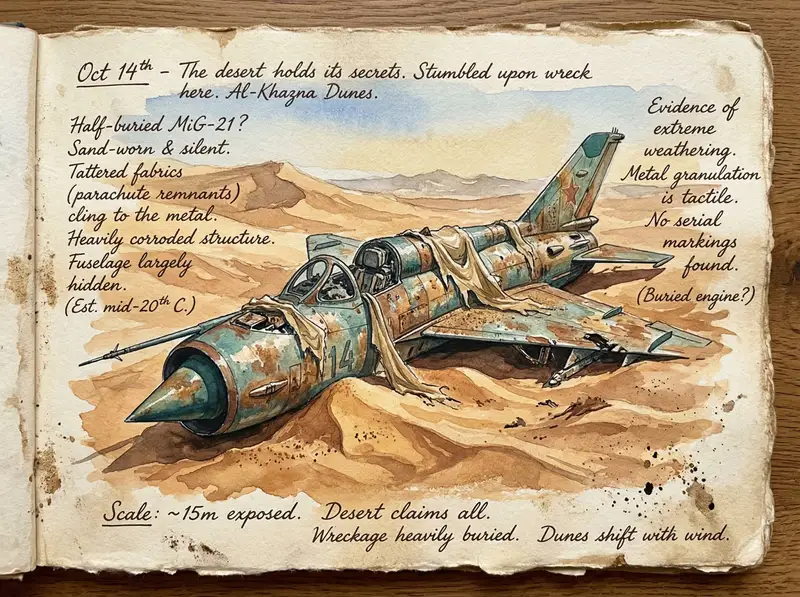 Preview of Loose Watercolor of a Half-Buried Fighter Jet in Desert Dunes