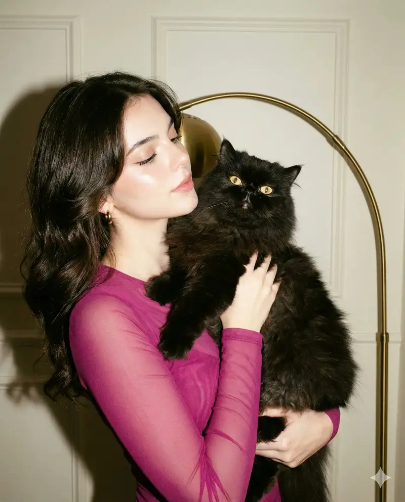 Preview of High-Fashion Flash Photo with Cat (Facial Edit Lock)