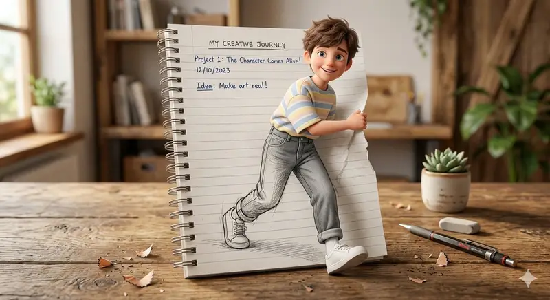 پیش‌نمایش 3D Pop-Out Illusion Artwork of a Boy from a Notebook