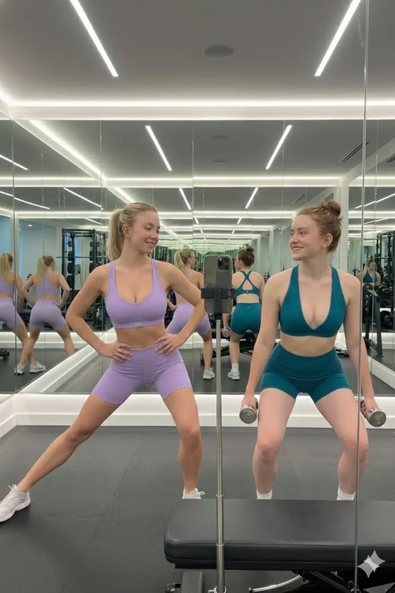Preview of Mirror Selfie of Sydney Sweeney and Sadie Sink in a Gym
