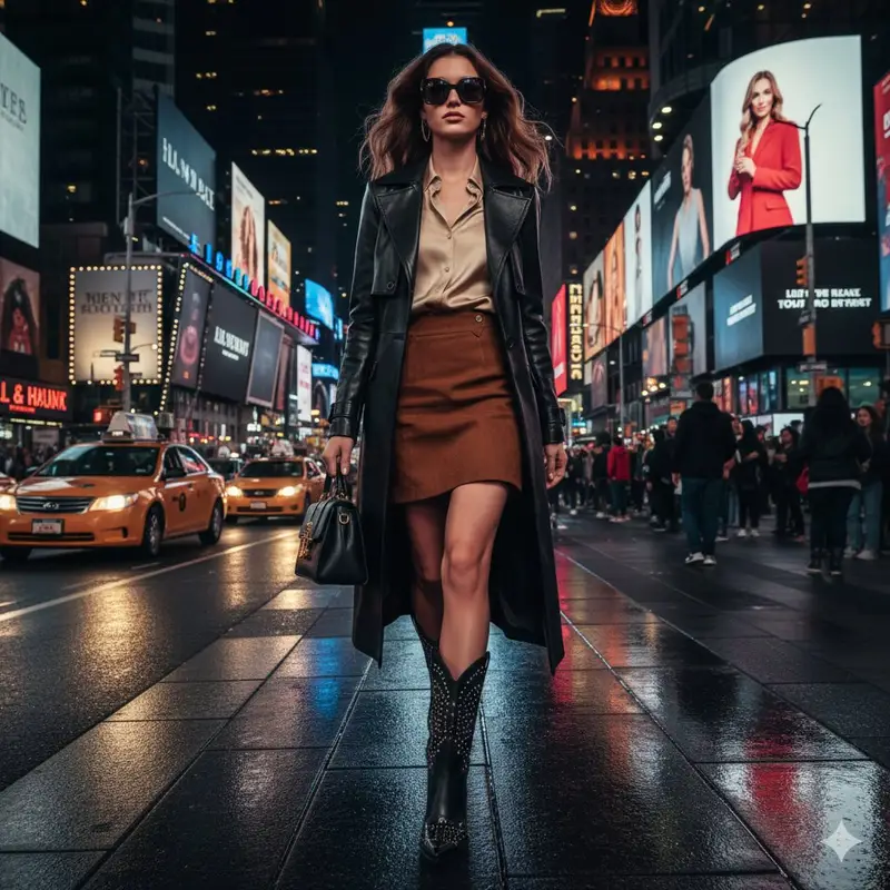 Preview of Ultra-realistic cinematic western fashion in Times Square prompt