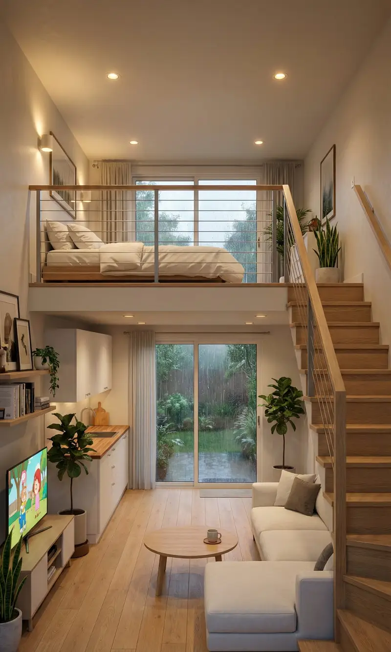 پیش‌نمایش Cozy Split-Level Studio Apartment with Rainy Garden View (Structured)