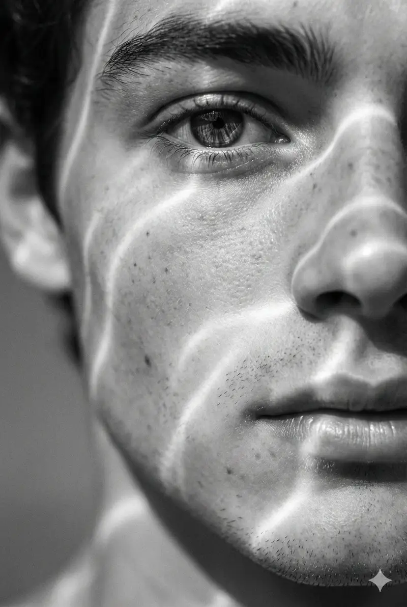Preview of Surreal Black and White Close-Up Portrait with Luminous Lines