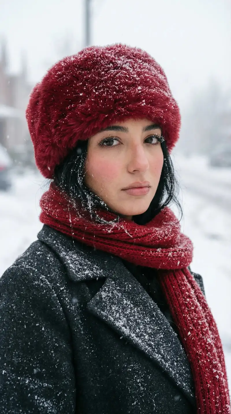 Preview of Photorealistic Winter Street Portrait with Red Accents