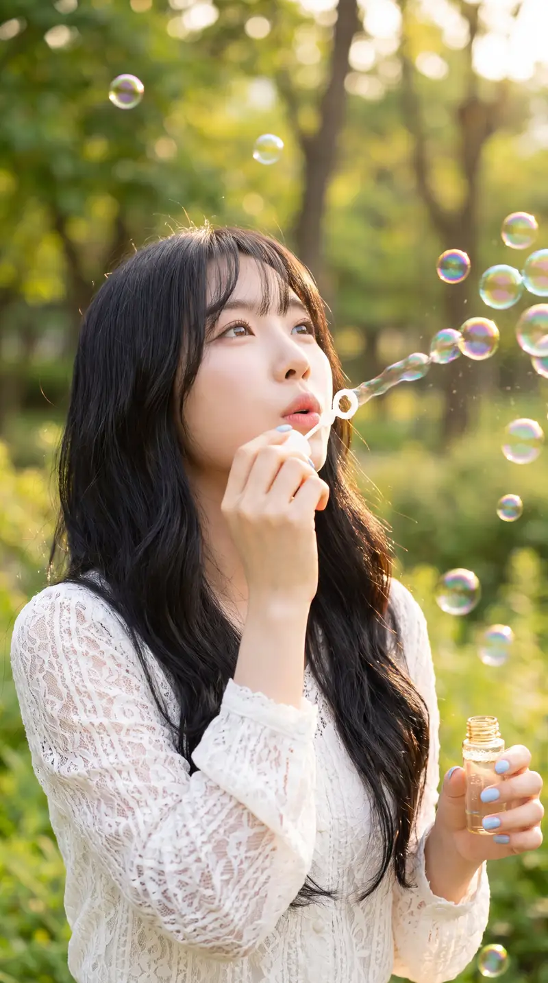 پیش‌نمایش Dreamy Portrait of Woman Blowing Bubbles