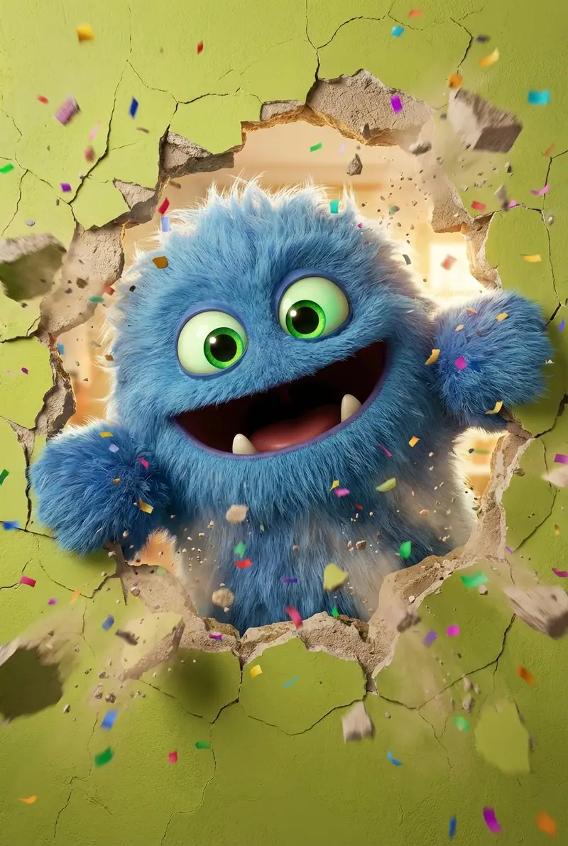 Preview of 3D Fluffy Monster Bursting Through Wall