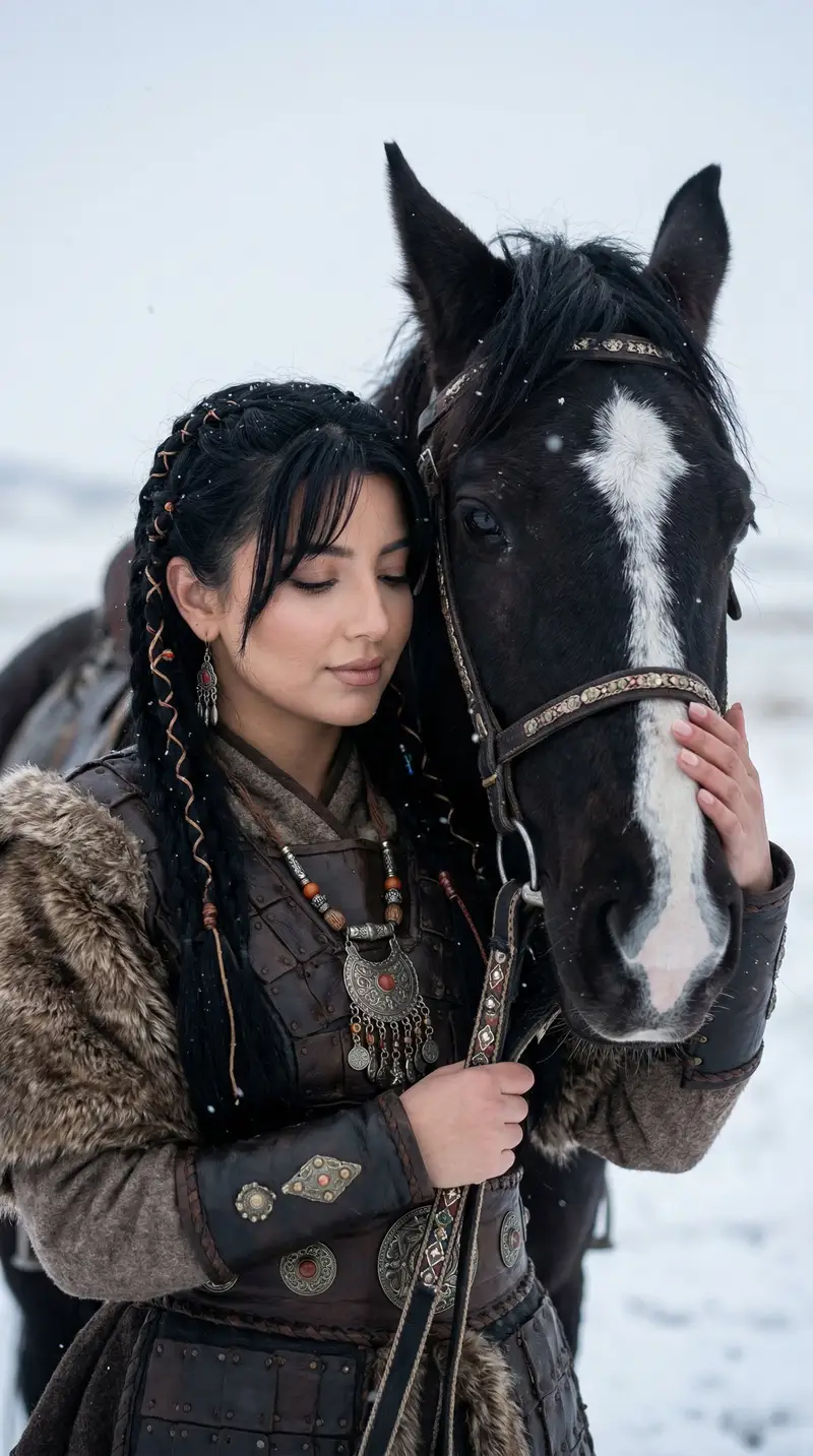 Preview of Cinematic Portrait of Ancient Turkic Woman and Horse in Snow