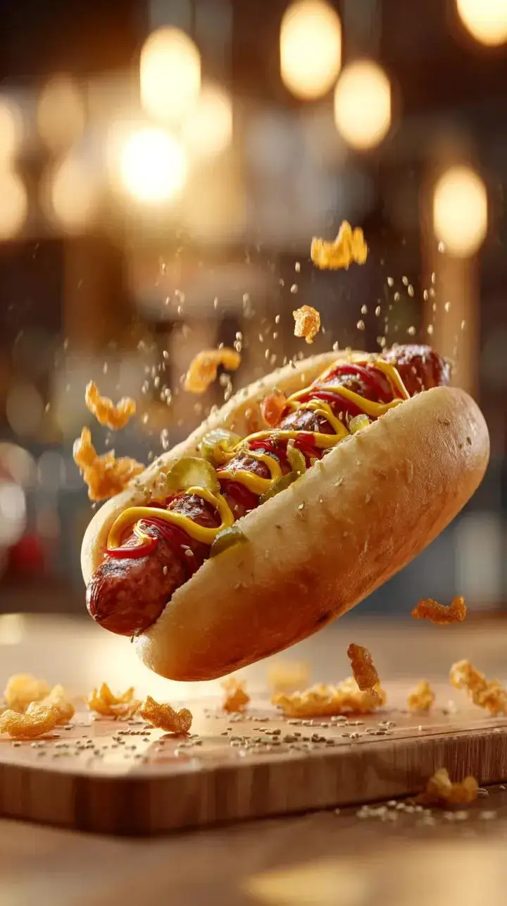 پیش‌نمایش Gourmet Hotdog Mid-Air Drop Cinematic Shot