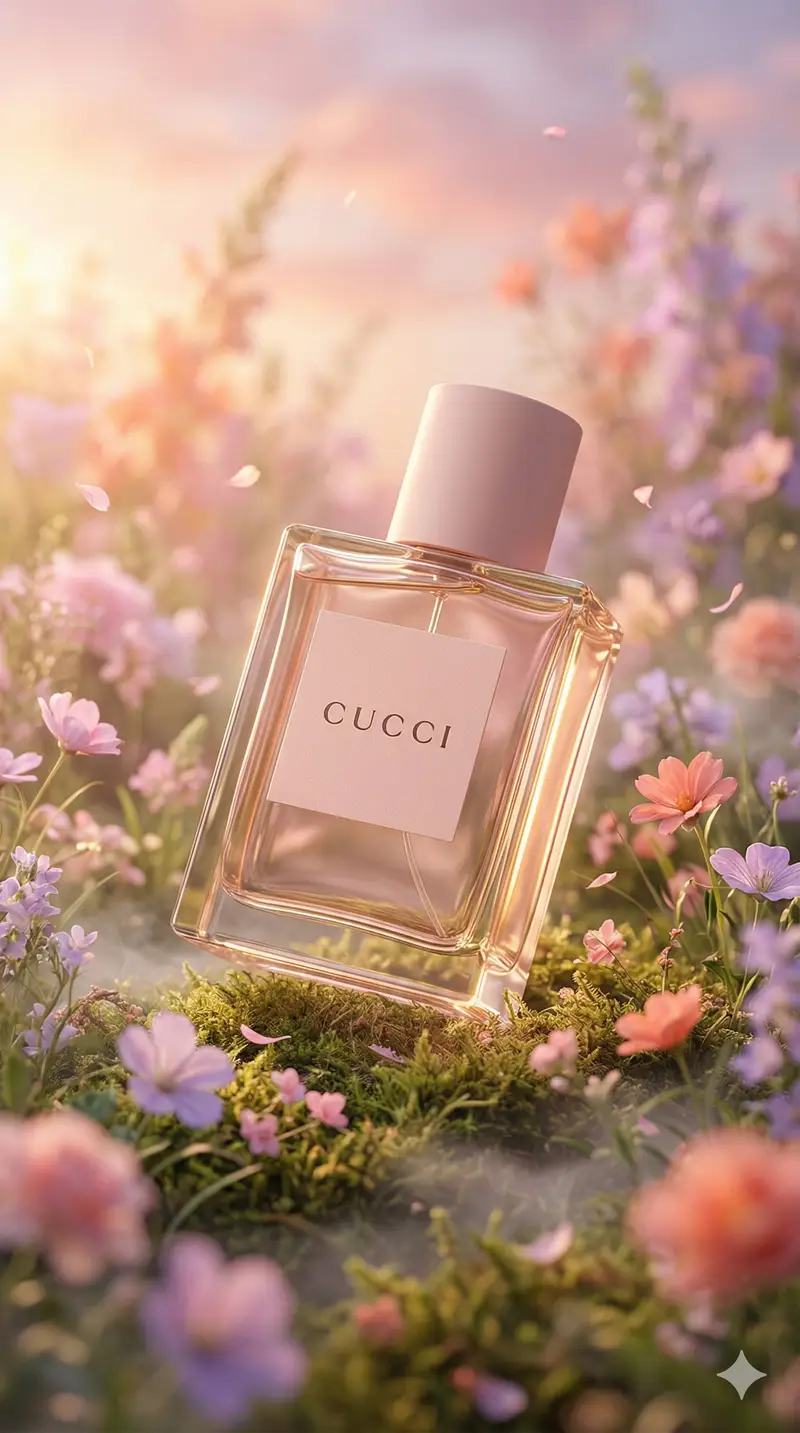 پیش‌نمایش Hyper-realistic luxury perfume product shot in fantasy meadow